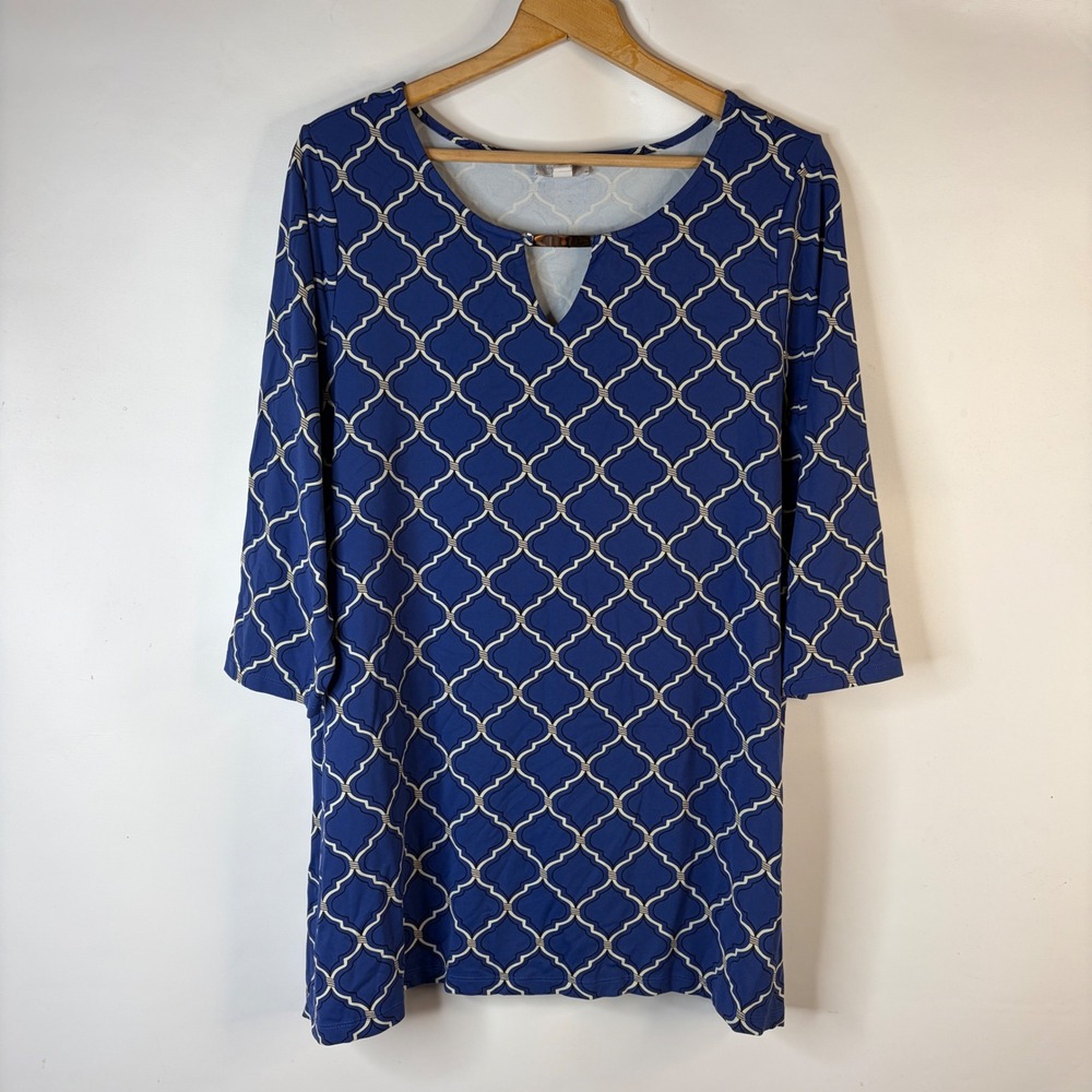 Charter Club Tunic Top Women 3X Blue Geometric Trellis Split Neck 3/4 Sleeve